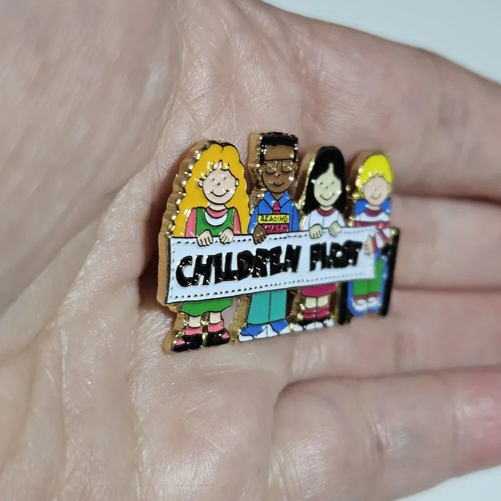 Vintage Children First Enamel And Gold Tone Lapel  Pin 1.5” x 7/8”